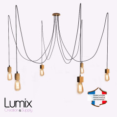 Suspension multiple OCTOPUS 7 Chêne vert - 7 douille bois de chêne vert- câble textile