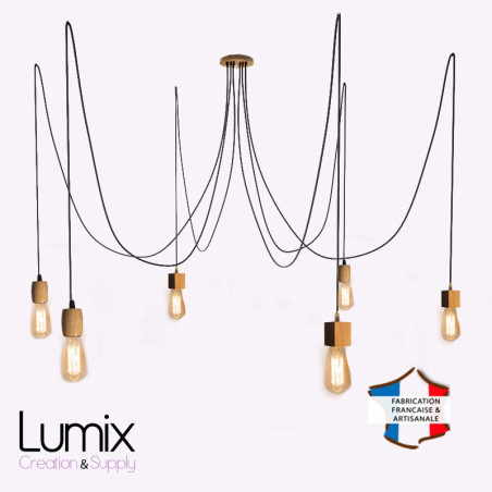 Suspension multiple OCTOPUS 7 Chêne vert - 7 douille bois de chêne vert- câble textile