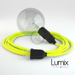 FLUO YELLOW textile cable portable lamp, black bakelite E27 socket with integrated switch