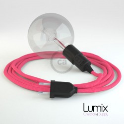 FUCHSIA textile cable portable lamp, black E27 bakelite socket with integrated switch
