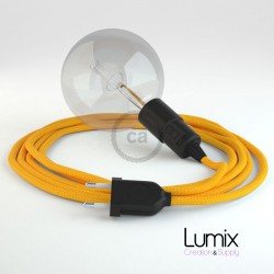 YELLOW textile cable portable lamp, E27 black bakelite socket with integrated switch