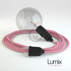 FUCHSIA ZIG ZAG textile cable portable lamp, black E27 bakelite socket with integrated switch