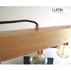 Poutre lumineuse bois de chêne massif 6 lampes douilles porcelaines noires 220V - 100 cm de long sur 7 x 7cm
