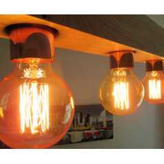 Poutre lumineuse bois de chêne massif 6 lampes douilles porcelaines noires 220V - 100 cm de long sur 7 x 7cm