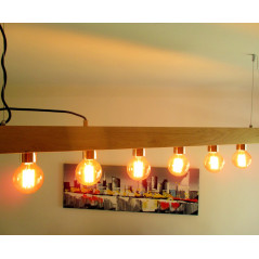 Poutre lumineuse bois de chêne massif 6 lampes douilles porcelaines noires 220V - 100 cm de long sur 7 x 7cm