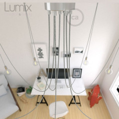 Suspension premium OCTOPUS 7 Argent - Porte-douille métal chromé - Câble 100% gaine cuivre blanc couleur argent