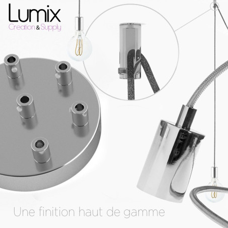 Suspension premium OCTOPUS 7 Argent - Porte-douille métal chromé - Câble 100% gaine couleur argent