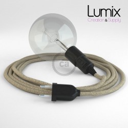 Portable lamp with neutral linen textile cable, black bakelite socket E27 with integrated switch