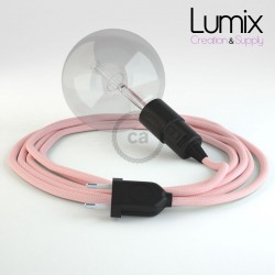 LIGHT PINK textile cable portable lamp, black E27 bakelite socket with integrated switch
