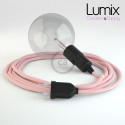 Lampe baladeuse câble textile ROSE CLAIR, douille bakélite noire E27 avec interrupteur intégré