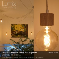 Suspension multiple OCTOPUS 7 lampes douille bois de chêne vert- câble textile