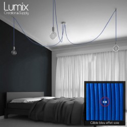 Multiple pendant lamp OCTOPUS 3 - Blue silk-effect textile cable