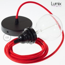 Suspension simple 1 sortie douille pour abat-jour - câble textile rouge