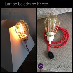 Lampe baladeuse Kenza - câble torsadé rouge, douille porcelaine et cage US