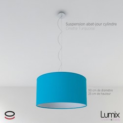 Suspension abat-jour cylindre XXL Revêtement Cinette Turquoise