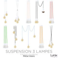 Suspension 3 lampes style moderne BLANC sur-mesure - câble textile au choix