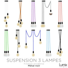 Suspension 3 lampes style moderne NOIR sur-mesure - câble textile au choix