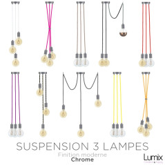 Suspension 3 lampes style moderne CHROME sur-mesure - câble textile au choix