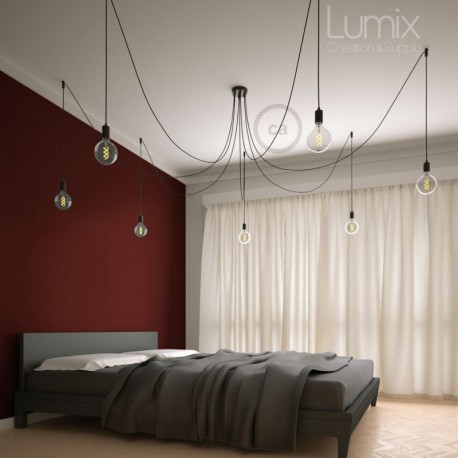 Suspension multiple OCTOPUS 7 lampes - câble textile extra-souple rouge