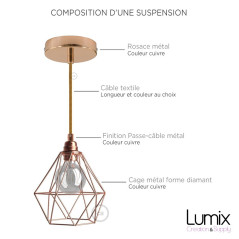 Lampe suspendue cage cuivre XXL forme diamant