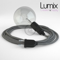 Portable lamp with gray linen textile cable, black bakelite E27 socket with integrated switch