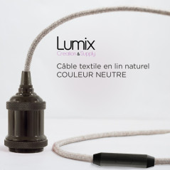Lampe baladeuse câble lin et douille vintage perle noire avec bague pour abat-jour