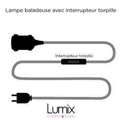 Lampe baladeuse câble lin et douille vintage perle noire avec bague pour abat-jour