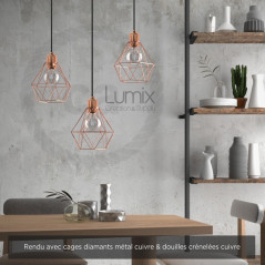 Suspension multiple 3 lampes avec cage diamant métal - Style Octopus3