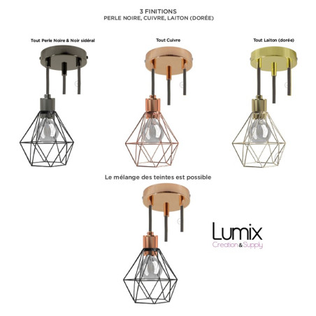 Suspension multiple 3 lampes avec cage diamant métal - Câble noir effet soie