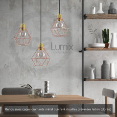 Suspension multiple 3 lampes avec cage diamant métal - Câble LIN gris