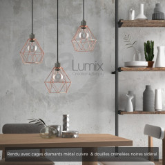 Suspension multiple 3 lampes avec cage diamant métal - Câble LIN gris