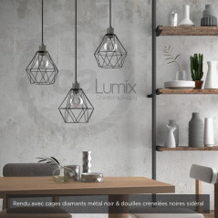 Suspension multiple 3 lampes avec cage diamant métal - Câble LIN gris
