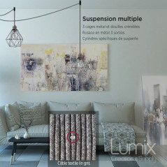 Suspension multiple 3 lampes avec cage diamant métal - Câble LIN gris