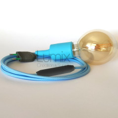 Lampe baladeuse à douille silicone bleu ciel et câble textile turquoise