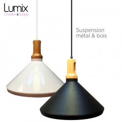 Lampe suspension forme conique métal et bois