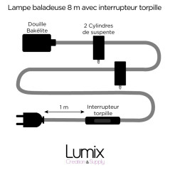 COMMANDE PRIVÉE - Lampe baladeuse grande longueur 8 Mètres douille bakélite et interrupteur torpille