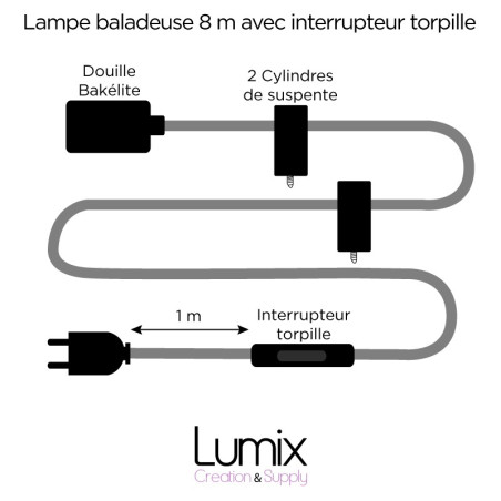 COMMANDE PRIVÉE - Lampe baladeuse grande longueur 8 Mètres douille bakélite et interrupteur torpille