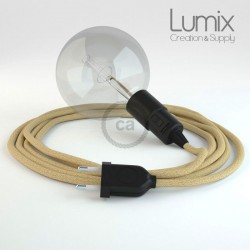Portable lamp with textile cable IN NATURAL JUTE black bakelite socket E27 with integrated switch