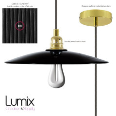 Suspension abat-jour plat céramique émail noir intérieur cuivre