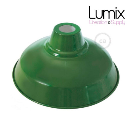 Abat-jour Bistrot diamètre 30 cm métal revêtement en émail vert et intérieur blanc