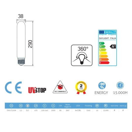 Ampoule tubulaire T38 à LED - 5,5W / E27- 220 Volts - 3,8 cm x 29 cm