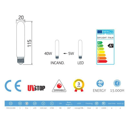 Ampoule LED tubulaire 5W E14 Claire Dimmable