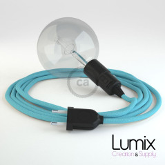 Lampe baladeuse E27 câble textile BLEU AZUR, douille thermoplastique avec interrupteur intégré