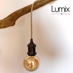 Lampe baladeuse câble lin et douille vintage perle noire avec bague pour abat-jour