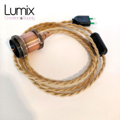 Lampe baladeuse fil jute torsadé et douille vintage cuivre avec bague pour abat-jour