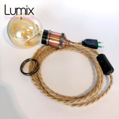 Lampe baladeuse fil jute torsadé et douille vintage cuivre avec bague pour abat-jour