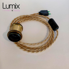 Lampe baladeuse fil jute torsadé et douille vintage dorée avec bague pour abat-jour