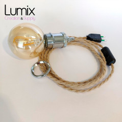 Lampe baladeuse fil jute torsadé et douille vintage chromée avec bague pour abat-jour