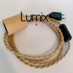Lampe baladeuse à suspendre câble torsadé en jute et douille bois