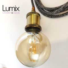 Lampe baladeuse fil rond en lin naturel anthracite et douille vintage dorée avec bague pour abat-jour